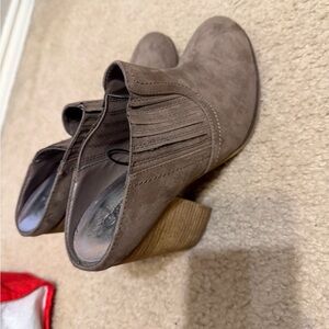 Carlos Miele Taupe Suede Ankle Booties with Stacked Wood Heel